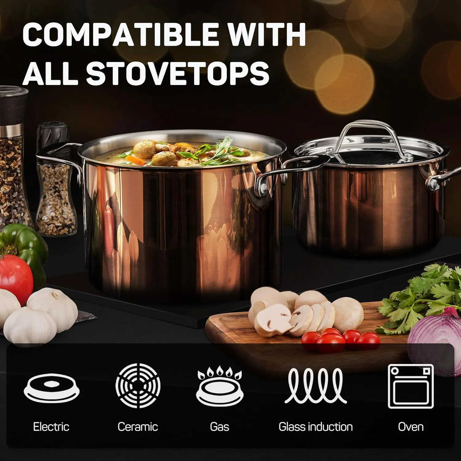 10-Piece Copper Tri-Ply Stainless Steel Cookware Set – Induction & Oven Safe
