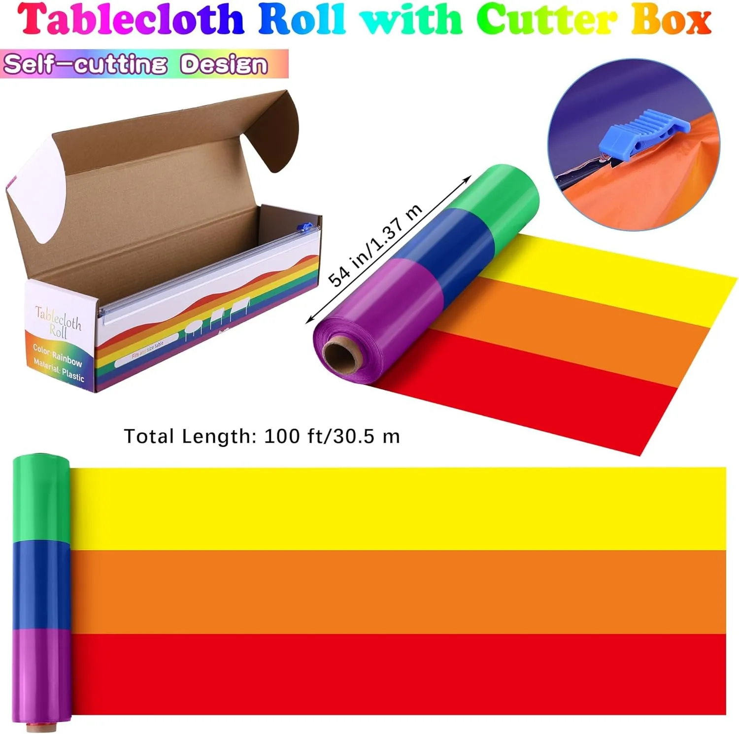 100 Ft x 54 Inch Rainbow Tablecloth Roll with Cutter Box Gay Pride Tablecloth Cut to Size Table Cover Disposable Rainbow Pride Backdrop for Indoor Outdoor Events Party Supplies