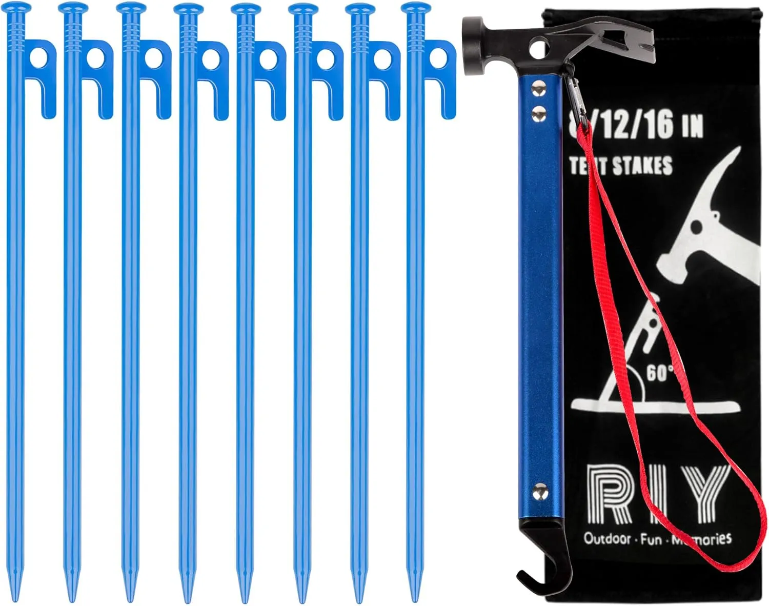 12'' 8pcs Blue Tent Stakes and 12" Carbon Steel Aluminum Camping Hammer Blue