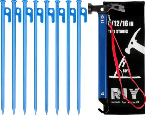 12'' 8pcs Blue Tent Stakes and 12" Carbon Steel Aluminum Camping Hammer Blue