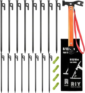 12'' 8pcs Tent Stakes and 8'' 8pcs Tent Stakes and 12" Carbon Steel Aluminum Camping Hammer Orange