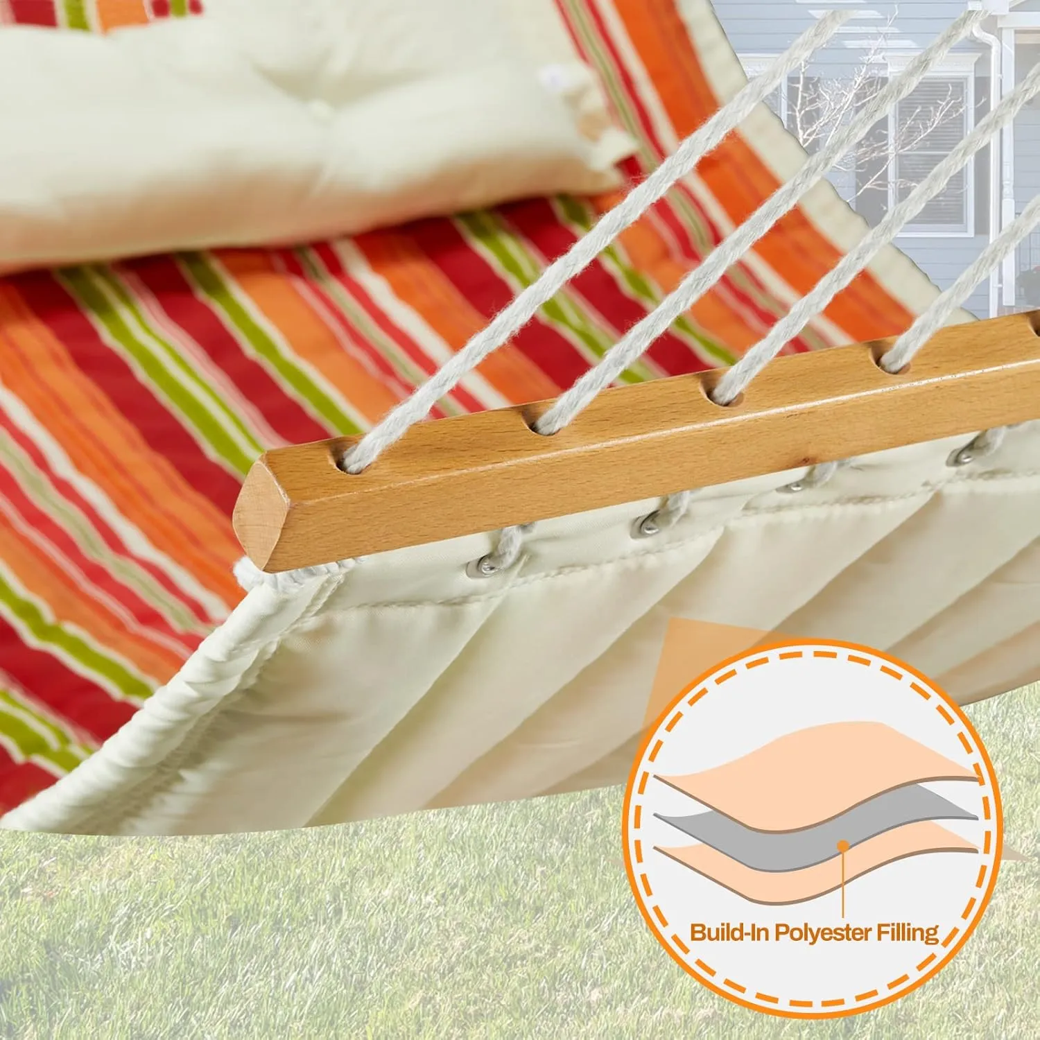 12 FT Double Quilted Fabric Hammock with Spreader Bars and Pillow 450 LBS Weight Capacity 2 Person Hammock for Outdoor Patio Backyard Poolside