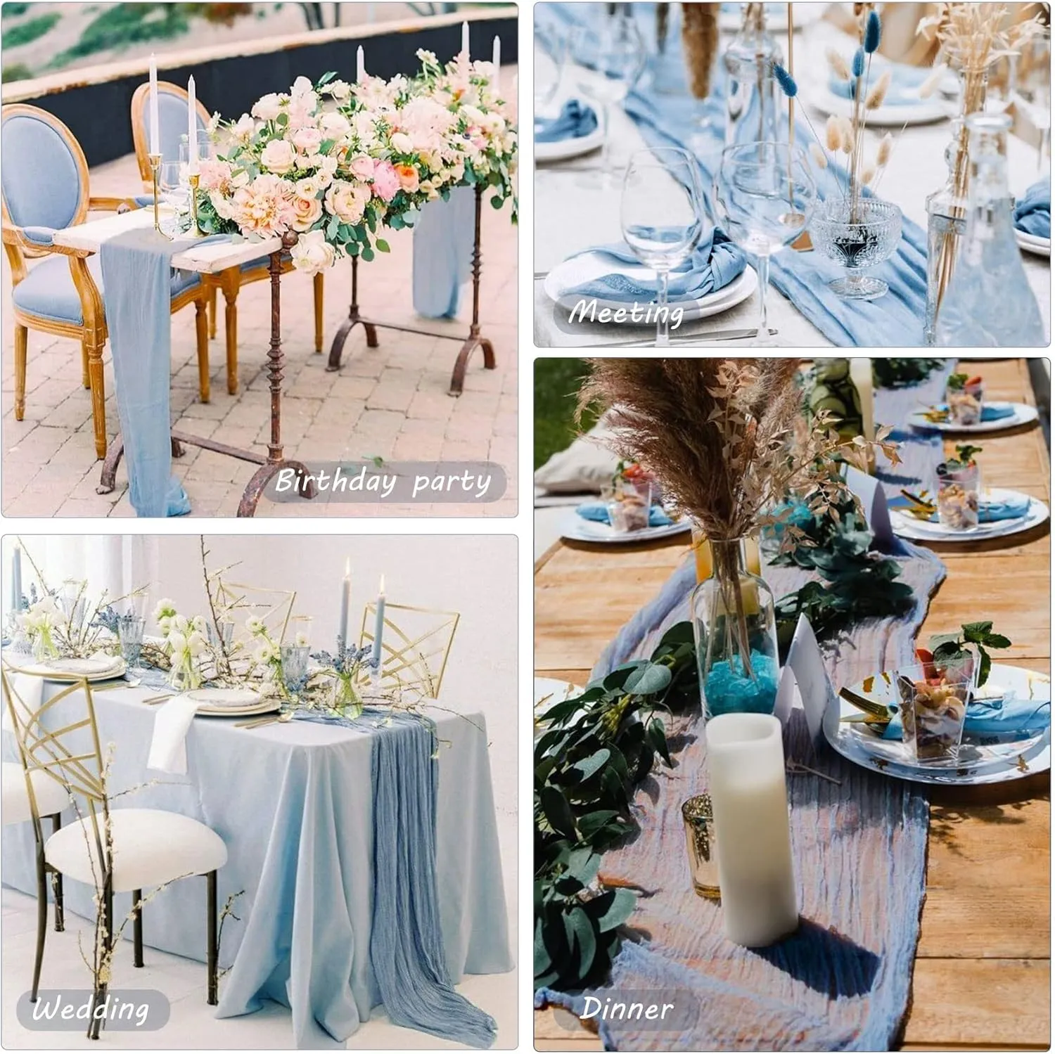 12 Pack 10Ft Cheesecloth Table Runner 35x120 Inch Boho Gauze Table Runner Rustic Cheese Cloth Long Table Runner Romantic Table Runner for Wedding Bridal Shower Birthday Party Table Decor (Dusty Blue)