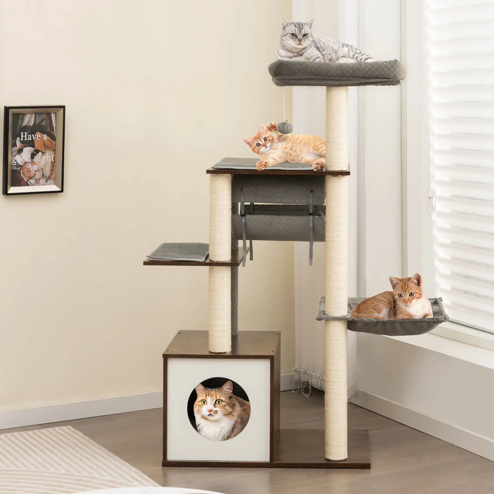 127cm Wood Cat Tree with Hammock and Swing Tunnel