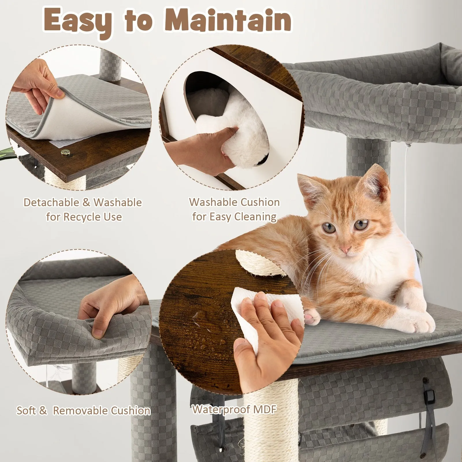127cm Wood Cat Tree with Hammock and Swing Tunnel