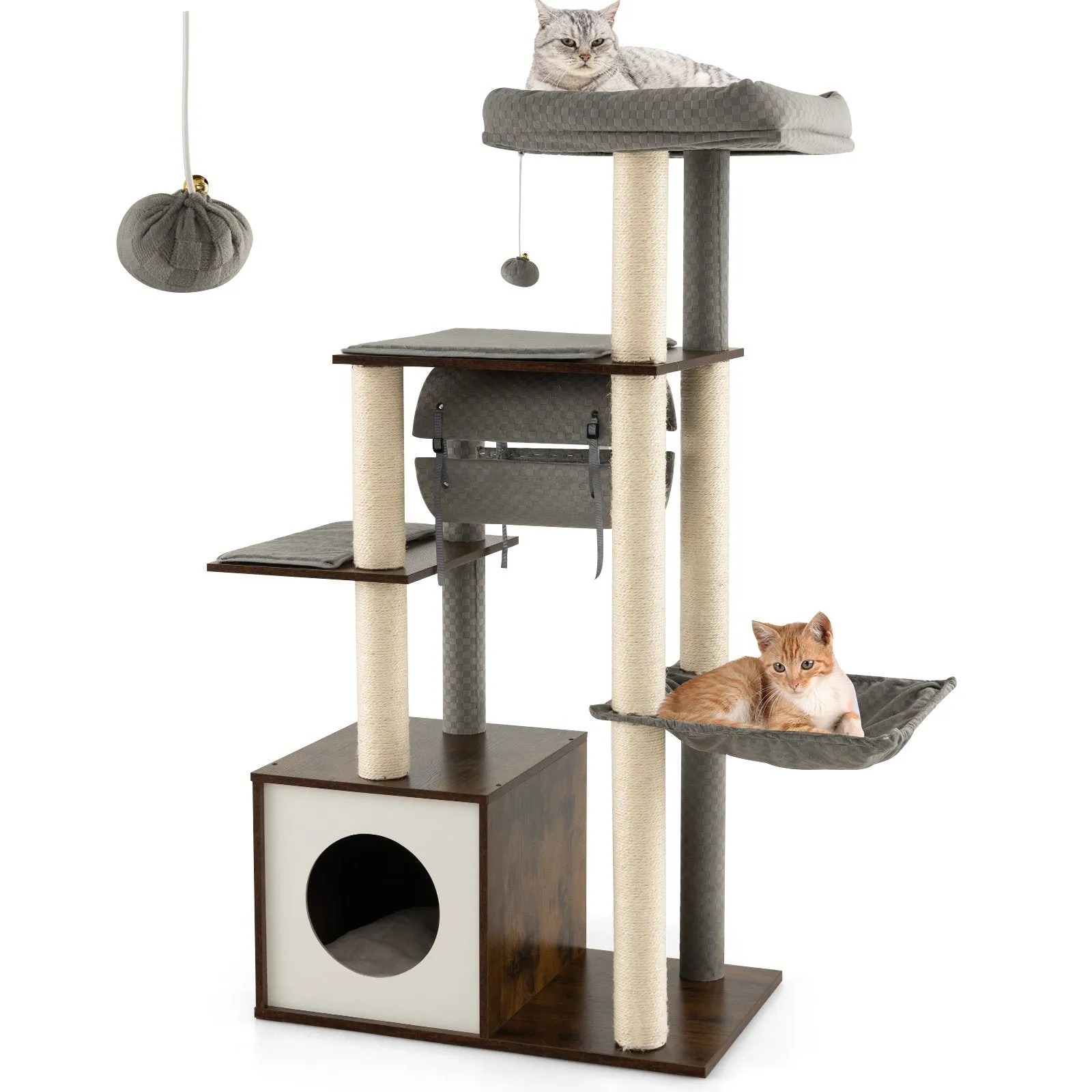 127cm Wood Cat Tree with Hammock and Swing Tunnel