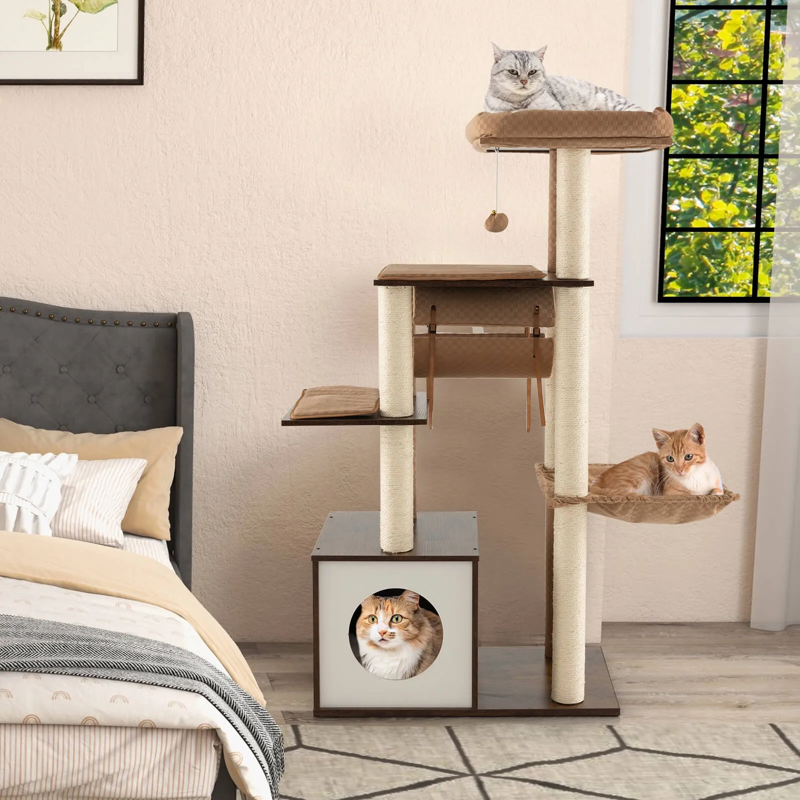 127cm Wood Cat Tree with Hammock and Swing Tunnel