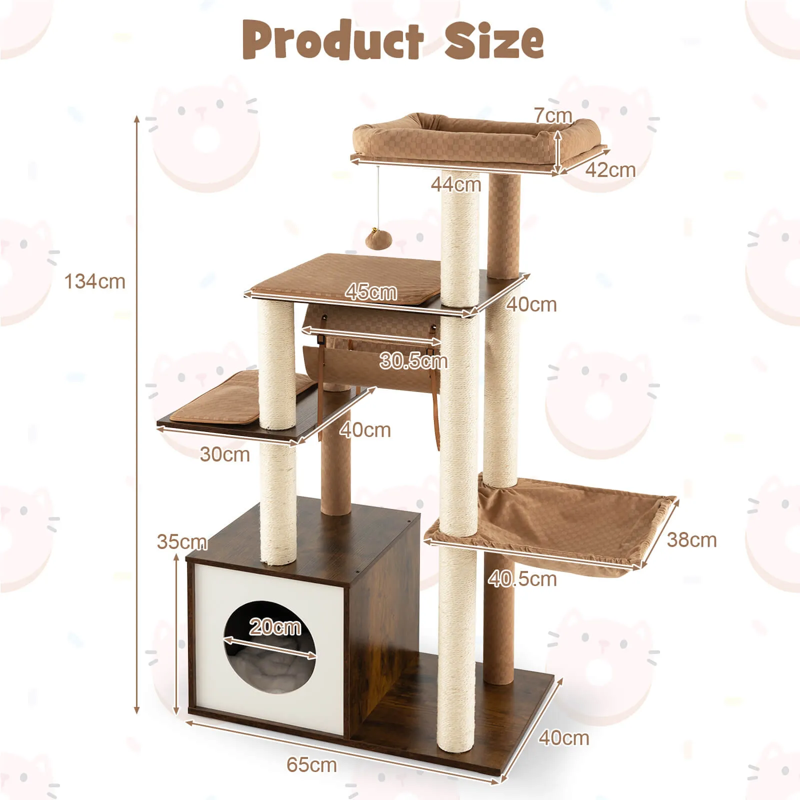 127cm Wood Cat Tree with Hammock and Swing Tunnel