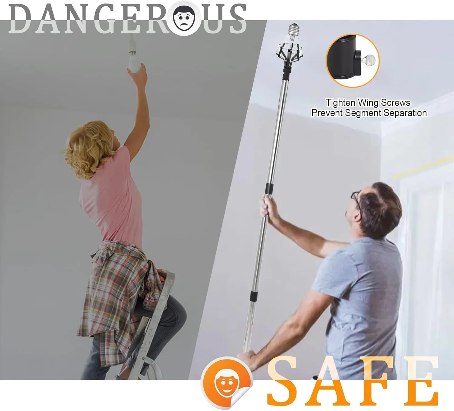 12FT Light Bulb Changer for High Ceilings and Recessed Lights, Light Bulb Pole Changer for High Ceilings, Light Bulb Changer with Baskets and Suction Cup for Household