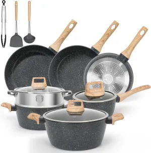 13 Pcs Pots and Pans Set Non Stick Kitchen Cookware Sets Nonstick Induction Cookware Non-toxic Black Granite Cooking Tools with Stay-Cool Handles, Silicone Tools (PFOS/PFOA Free)