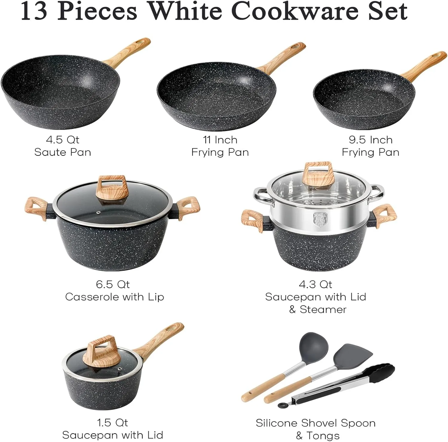 13 Pcs Pots and Pans Set Non Stick Kitchen Cookware Sets Nonstick Induction Cookware Non-toxic Black Granite Cooking Tools with Stay-Cool Handles, Silicone Tools (PFOS/PFOA Free)
