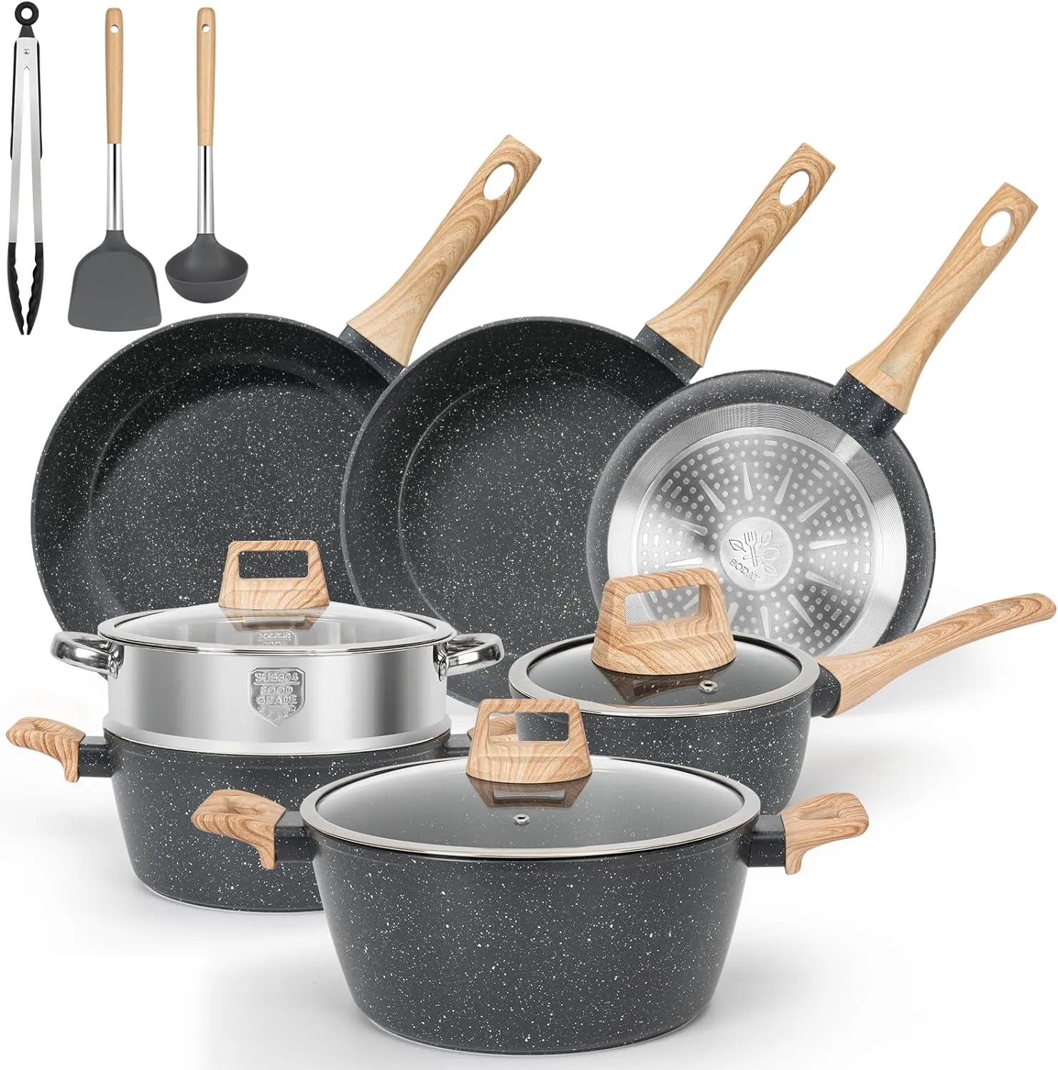 13 Pcs Pots and Pans Set Non Stick Kitchen Cookware Sets Nonstick Induction Cookware Non-toxic Black Granite Cooking Tools with Stay-Cool Handles, Silicone Tools (PFOS/PFOA Free)