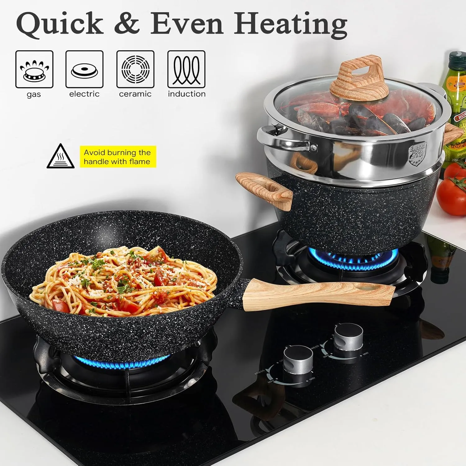 13 Pcs Pots and Pans Set Non Stick Kitchen Cookware Sets Nonstick Induction Cookware Non-toxic Black Granite Cooking Tools with Stay-Cool Handles, Silicone Tools (PFOS/PFOA Free)