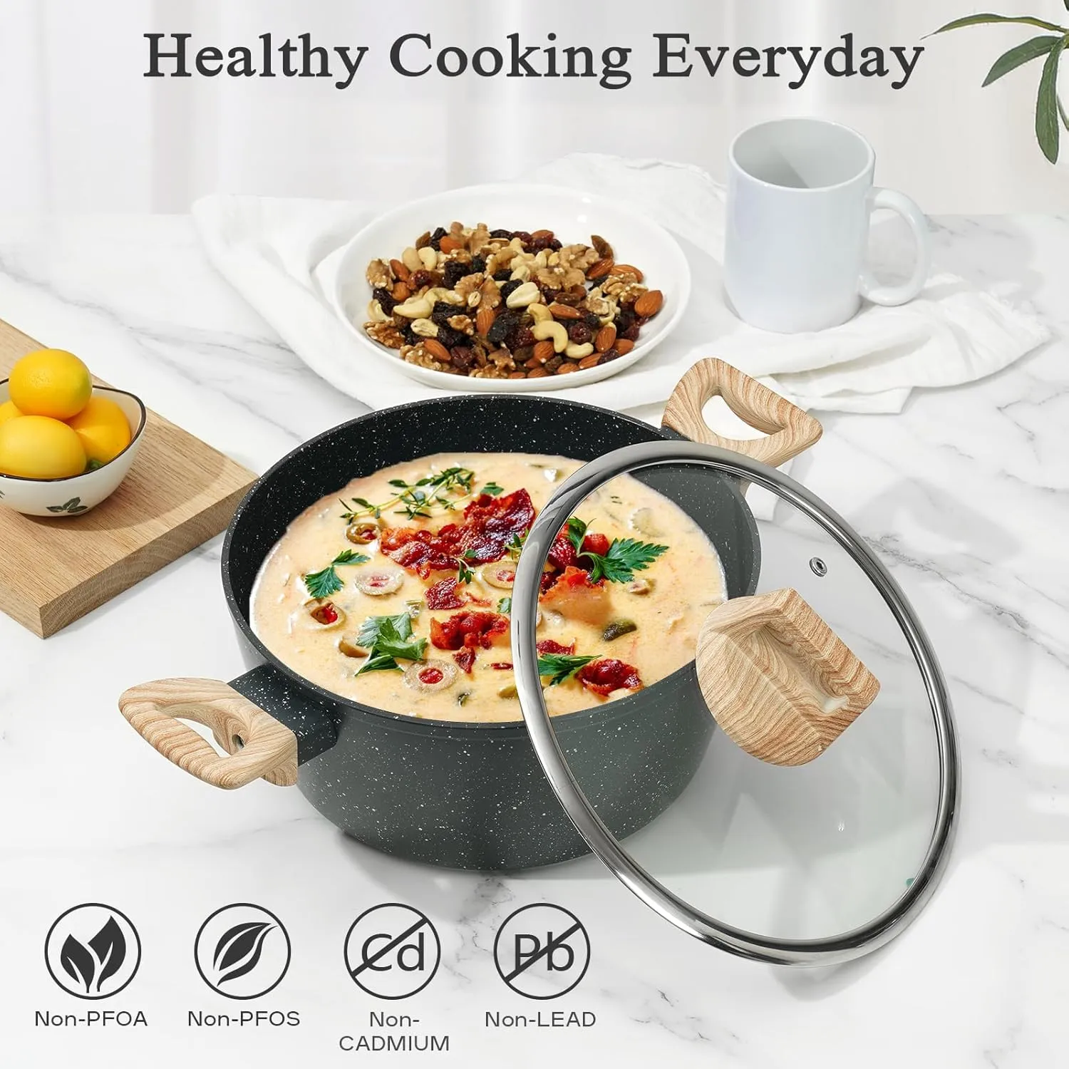 13 Pcs Pots and Pans Set Non Stick Kitchen Cookware Sets Nonstick Induction Cookware Non-toxic Black Granite Cooking Tools with Stay-Cool Handles, Silicone Tools (PFOS/PFOA Free)