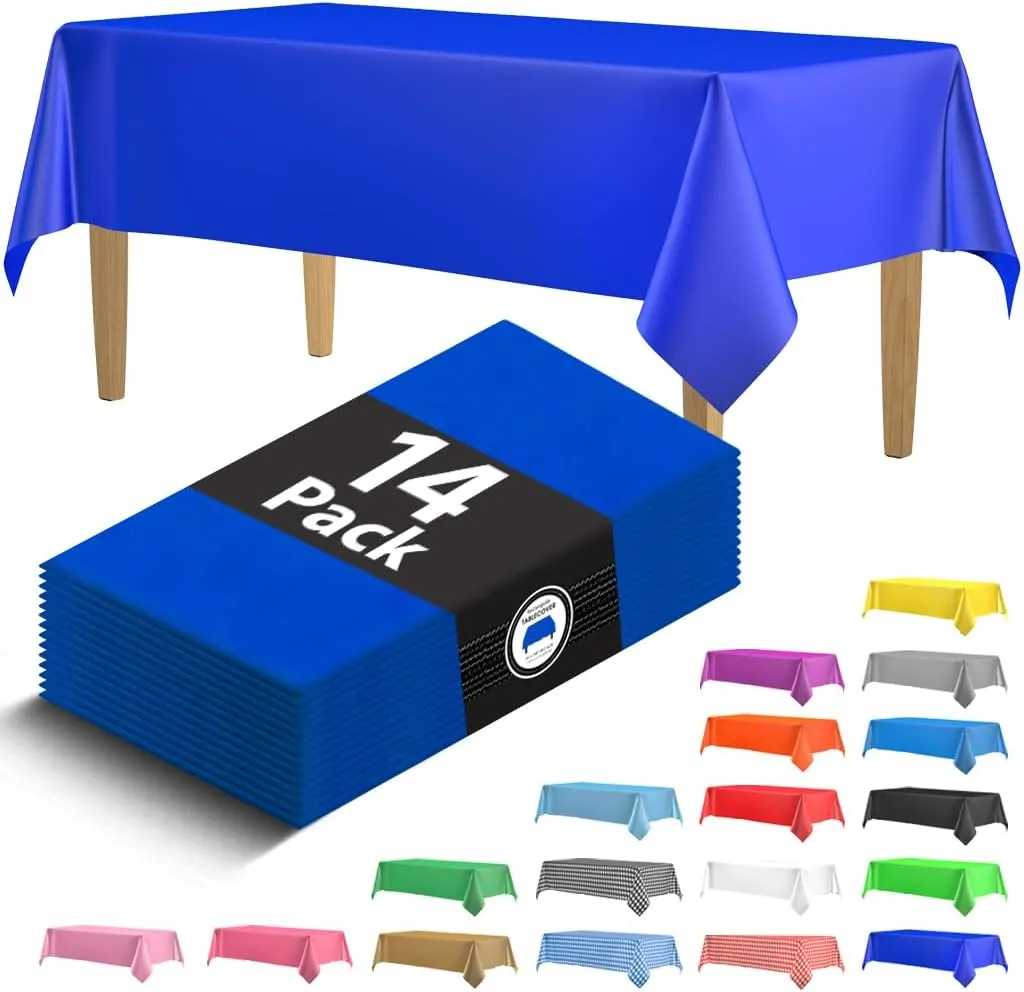 14 Pack Premium Blue Plastic Tablecloth - 54 x 108 in. Disposable Rectangle Plastic Table Cloth - Decorative Rectangle Table Cover Smooth Tablecloth - Disposable Table Cloths For Parties, Weddings