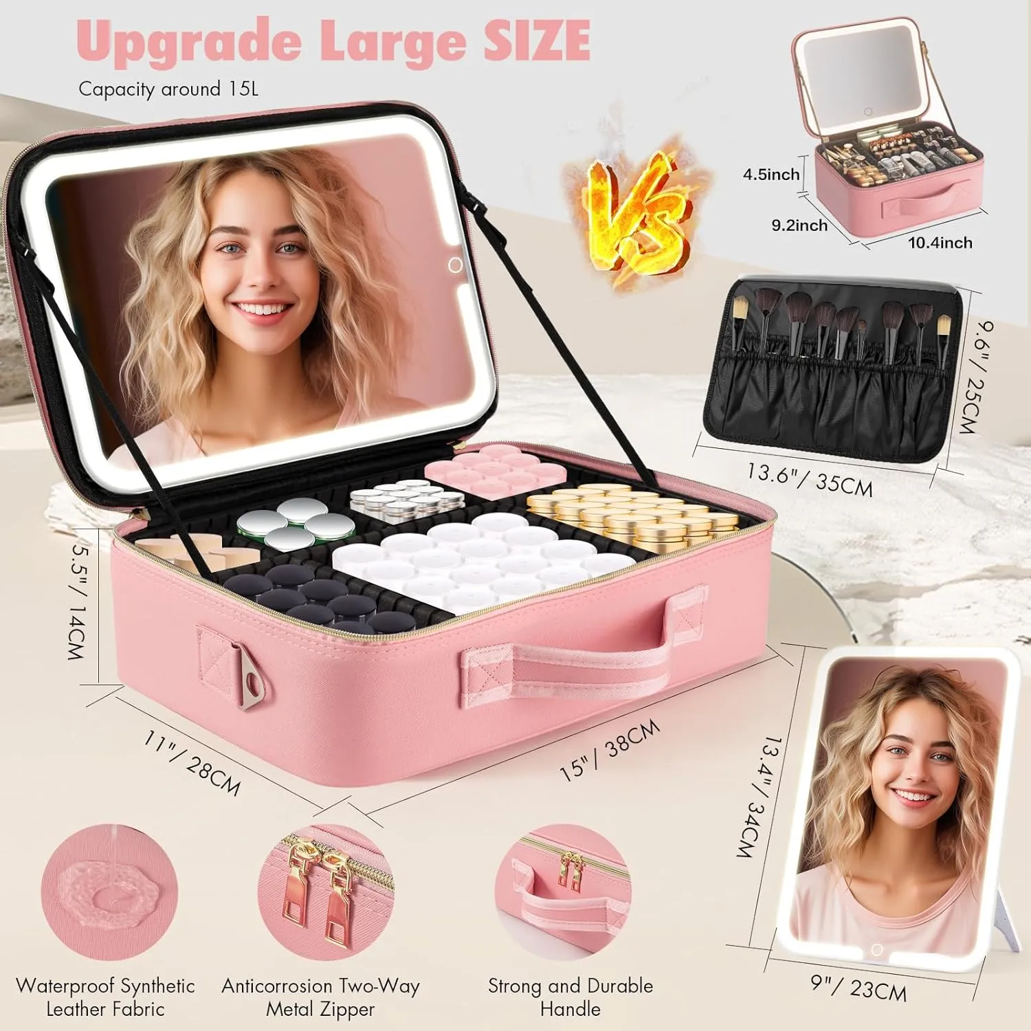 15''X11'' Makeup Bag with Removeable Lighted Mirror, Travel Makeup Case with 3 Color Lights Dimmable Brightness, Large Capacity Cosmetic Organizer Case with Detachable Dividers & Shoulder Strap