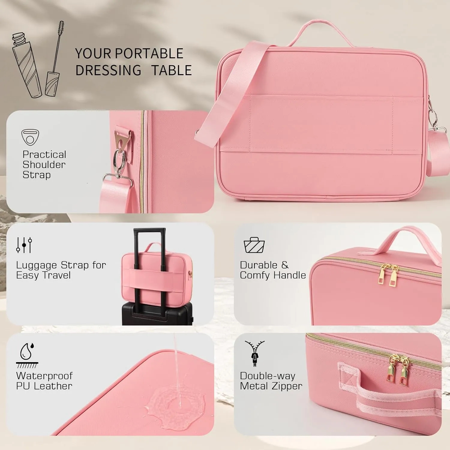 15''X11'' Makeup Bag with Removeable Lighted Mirror, Travel Makeup Case with 3 Color Lights Dimmable Brightness, Large Capacity Cosmetic Organizer Case with Detachable Dividers & Shoulder Strap