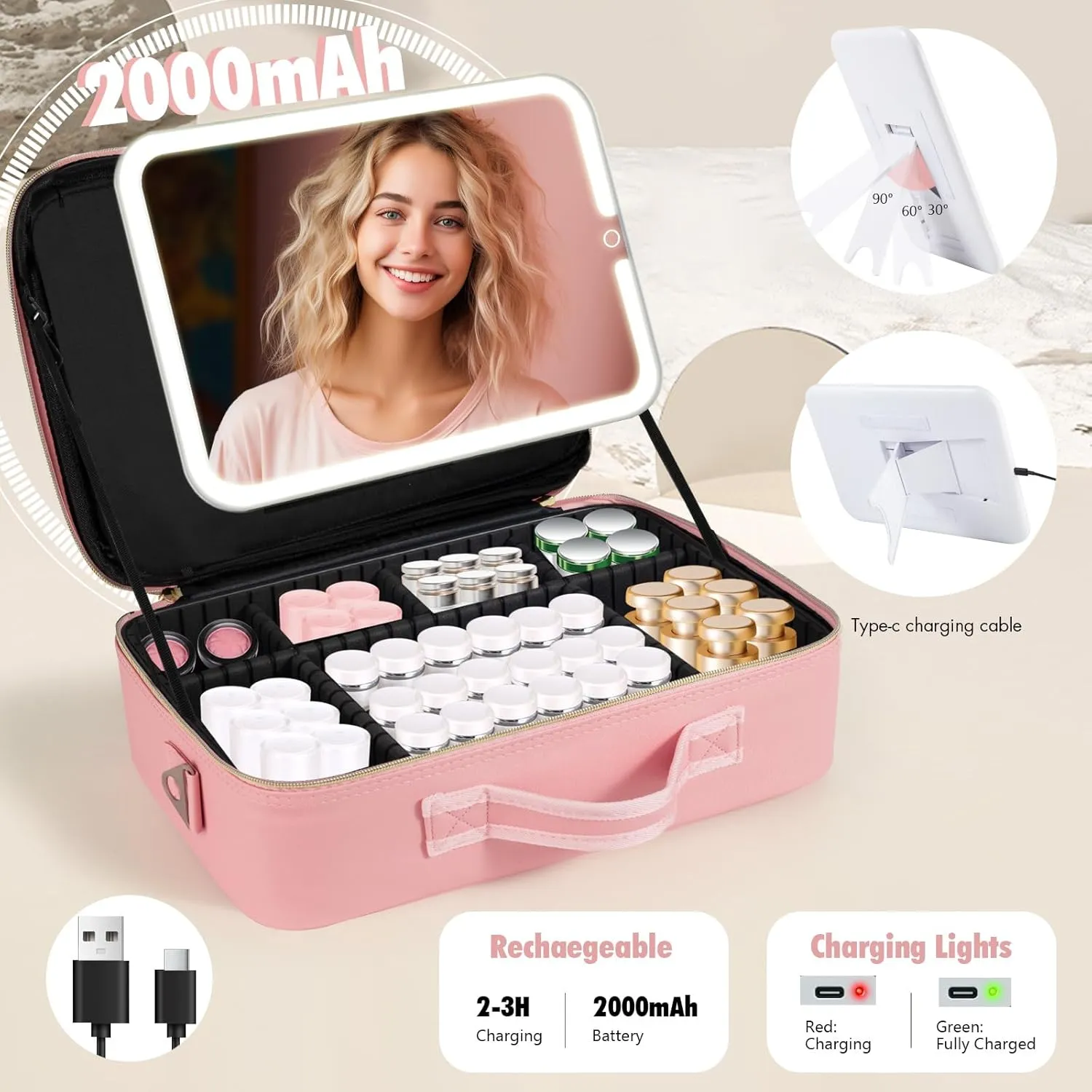 15''X11'' Makeup Bag with Removeable Lighted Mirror, Travel Makeup Case with 3 Color Lights Dimmable Brightness, Large Capacity Cosmetic Organizer Case with Detachable Dividers & Shoulder Strap