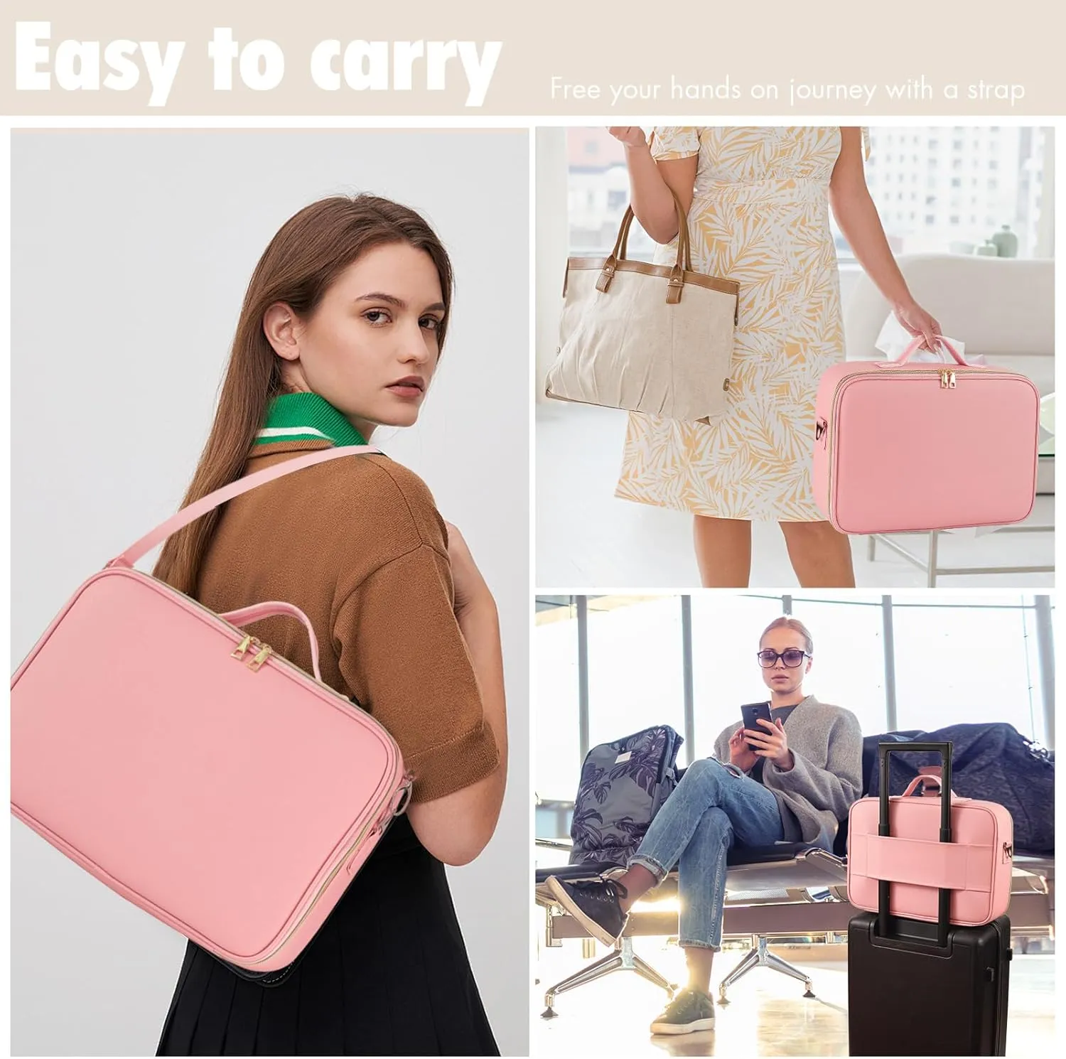 15''X11'' Makeup Bag with Removeable Lighted Mirror, Travel Makeup Case with 3 Color Lights Dimmable Brightness, Large Capacity Cosmetic Organizer Case with Detachable Dividers & Shoulder Strap