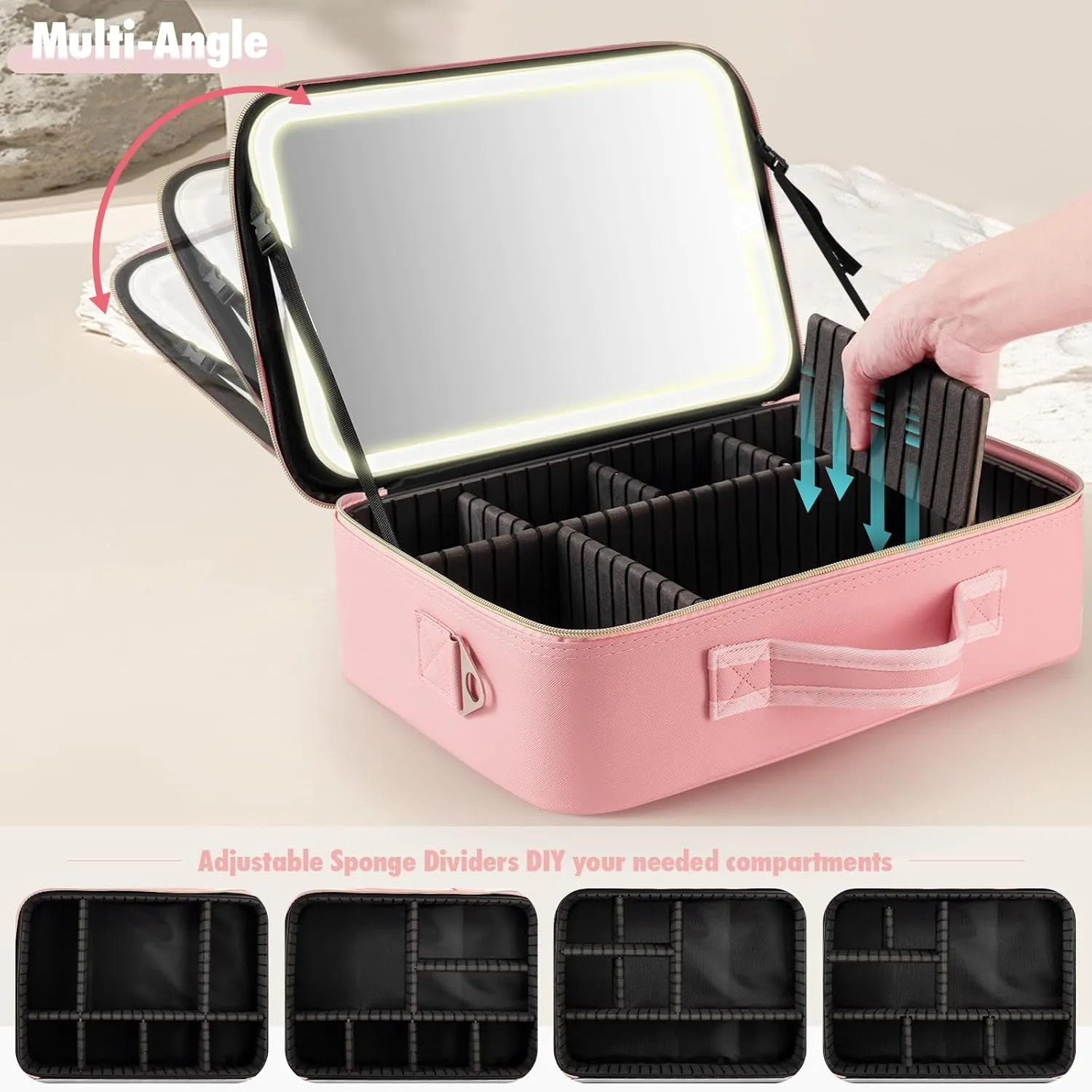 15''X11'' Makeup Bag with Removeable Lighted Mirror, Travel Makeup Case with 3 Color Lights Dimmable Brightness, Large Capacity Cosmetic Organizer Case with Detachable Dividers & Shoulder Strap