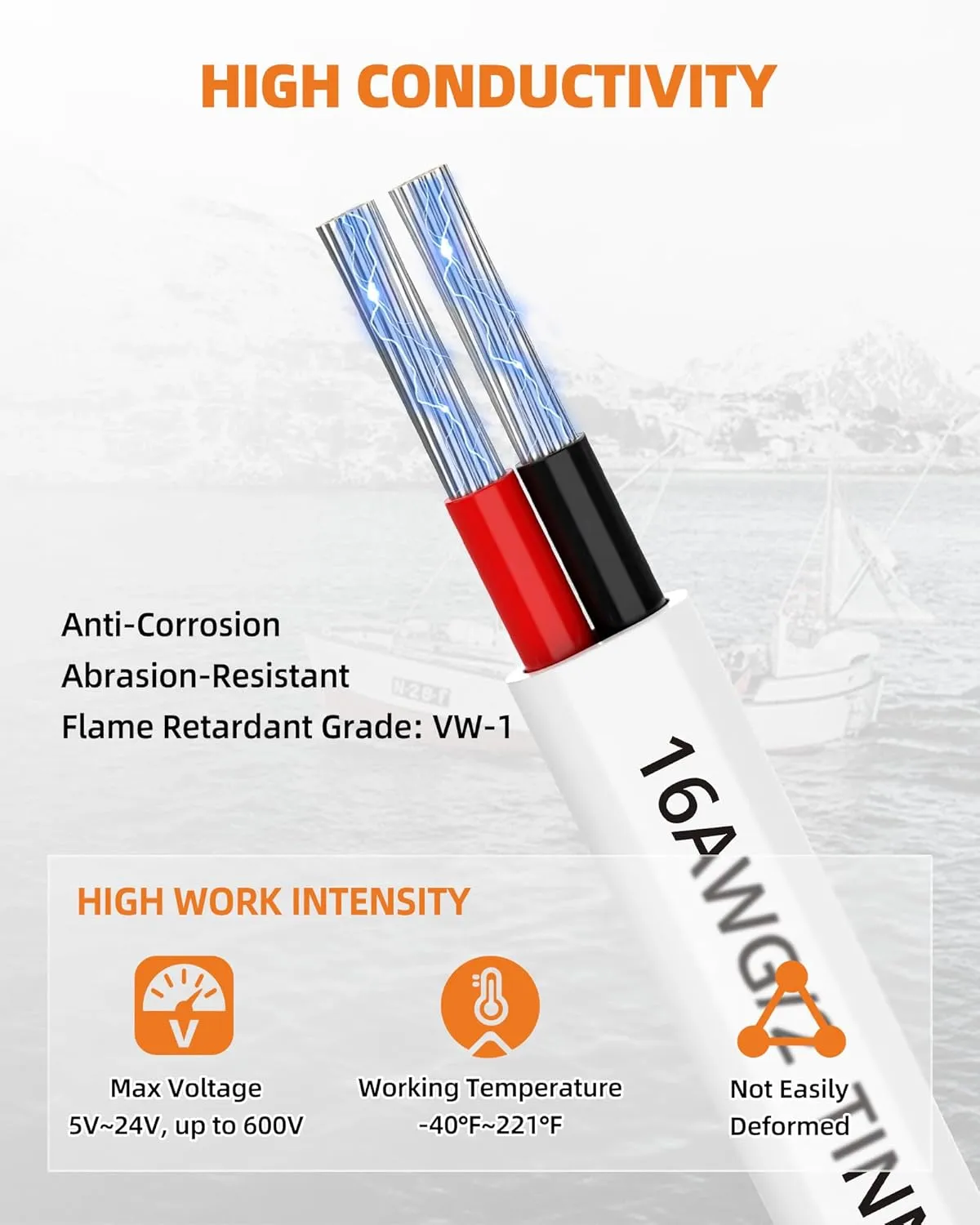 16 Gauge Marine Wire, 16/2 Duplex Marine Grade Cable, IP68 Waterproof/Oxygen-Free Tinned Copper Stranded PVC 16 AWG Wire for Boat, Automotive, RV, Solar, LED Strips (30FT/9M)
