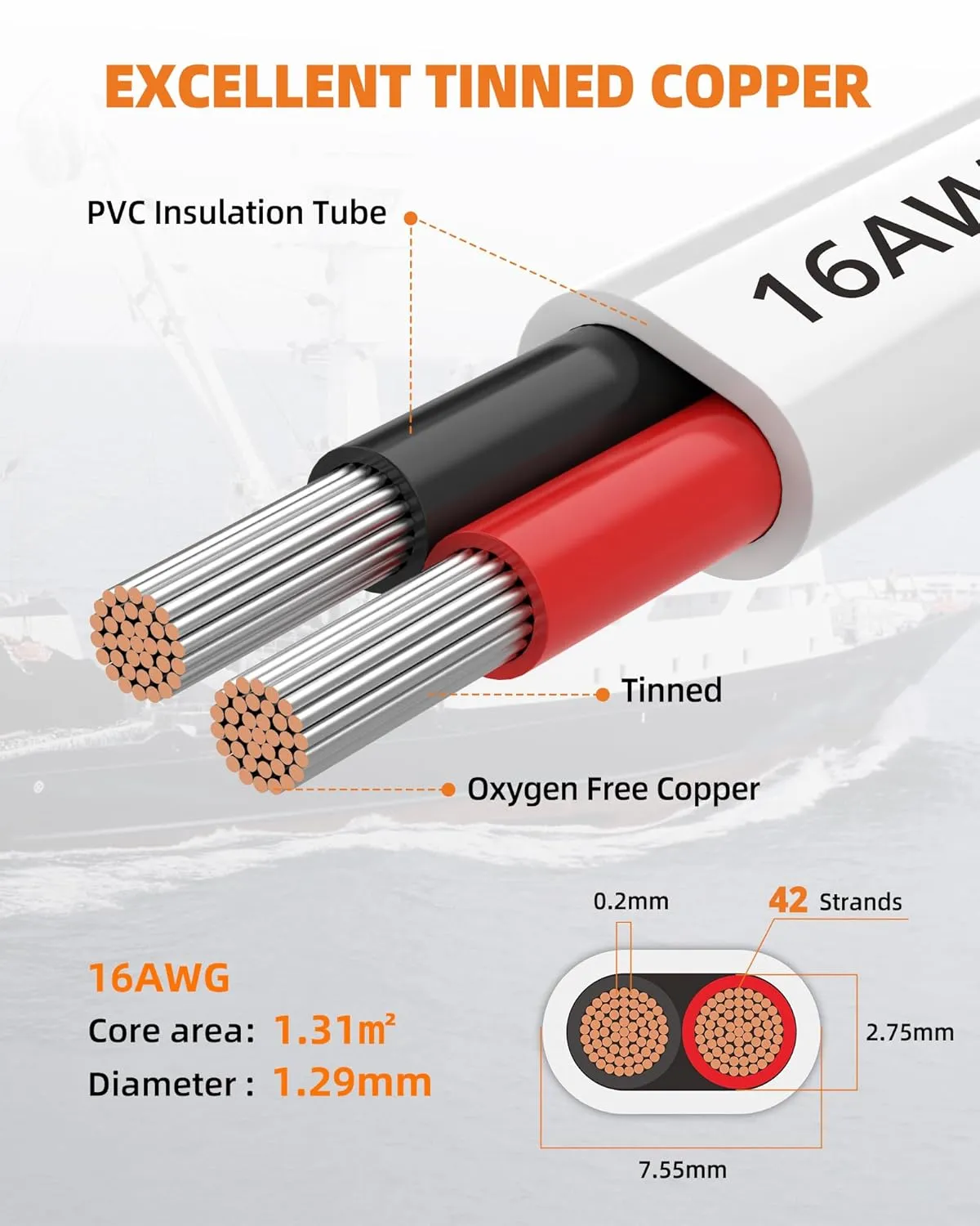 16 Gauge Marine Wire, 16/2 Duplex Marine Grade Cable, IP68 Waterproof/Oxygen-Free Tinned Copper Stranded PVC 16 AWG Wire for Boat, Automotive, RV, Solar, LED Strips (30FT/9M)