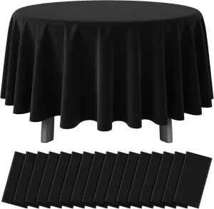 16 Pack Black Plastic Tablecloth for Round Tables, Premium Decorative Black Disposable Table Cloths for Parties, Bulk Round Party Table Cover for Birthday Wedding Anniversary Graduation, 84 Inch
