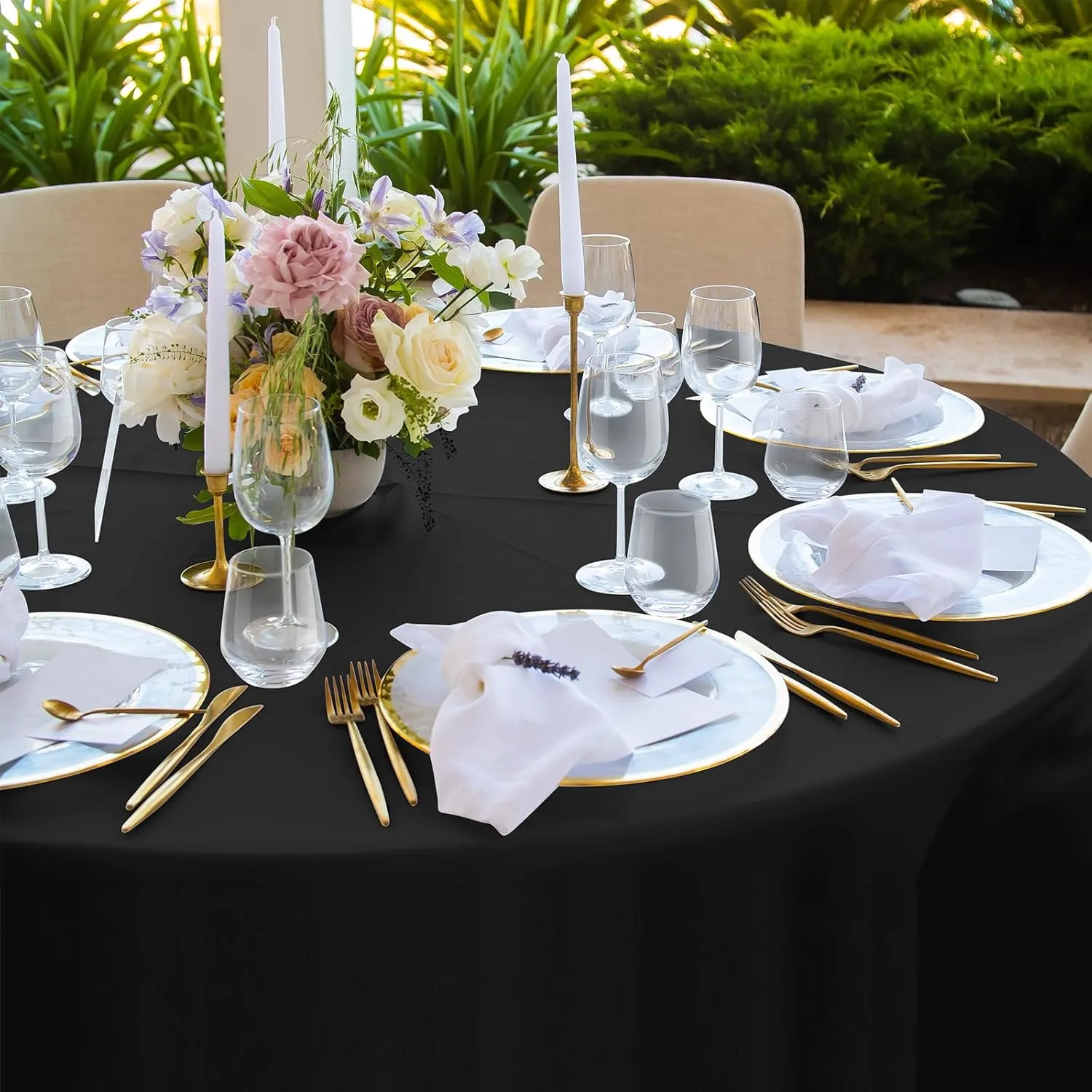 16 Pack Black Plastic Tablecloth for Round Tables, Premium Decorative Black Disposable Table Cloths for Parties, Bulk Round Party Table Cover for Birthday Wedding Anniversary Graduation, 84 Inch