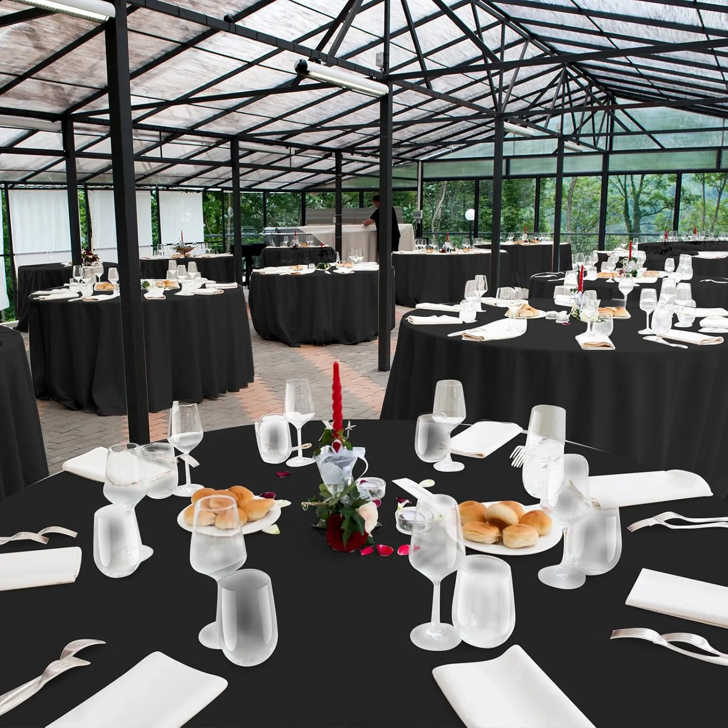 16 Pack Black Plastic Tablecloth for Round Tables, Premium Decorative Black Disposable Table Cloths for Parties, Bulk Round Party Table Cover for Birthday Wedding Anniversary Graduation, 84 Inch
