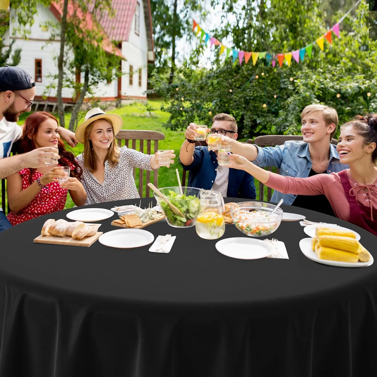 16 Pack Black Plastic Tablecloth for Round Tables, Premium Decorative Black Disposable Table Cloths for Parties, Bulk Round Party Table Cover for Birthday Wedding Anniversary Graduation, 84 Inch