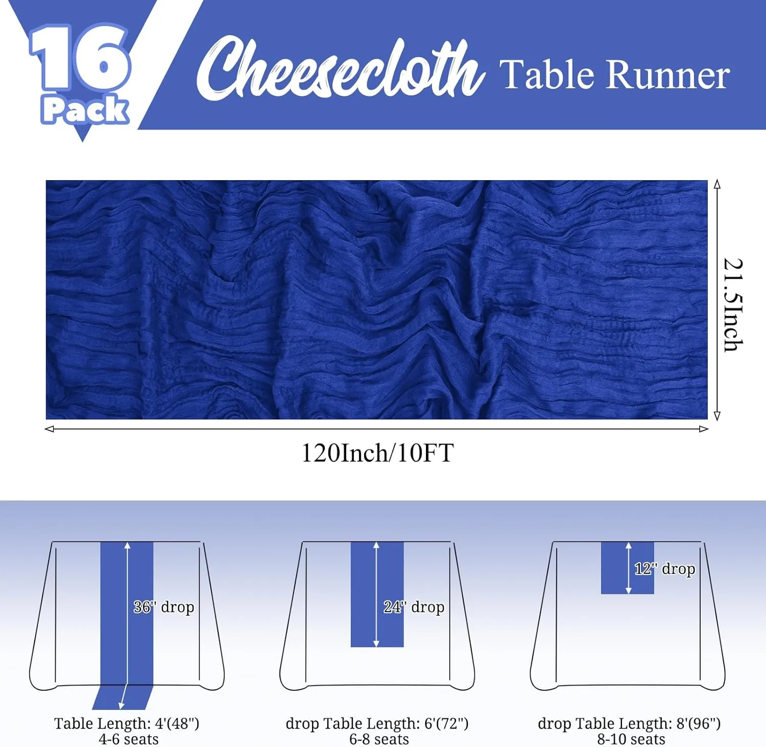 16 Pack Royal Blue Table Runners 10FT Cheesecloth Table Runner Boho Gauze Table Runner Long Rustic Sheer Fabric Table Runners for Wedding Party Bridal Shower Farmhouse & Home Decor