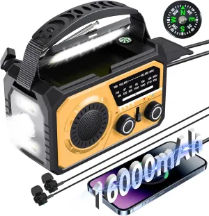 16000mAh Emergency Weather Radio, AM/FM/NOAA Weather Alert Radio Hand Crank/Solar/Type-C Fast Rechargeable Outdoor Radio with Reading Lamp/SOS Alarm/3 Mode Flashlight/Power Bank (Orange)