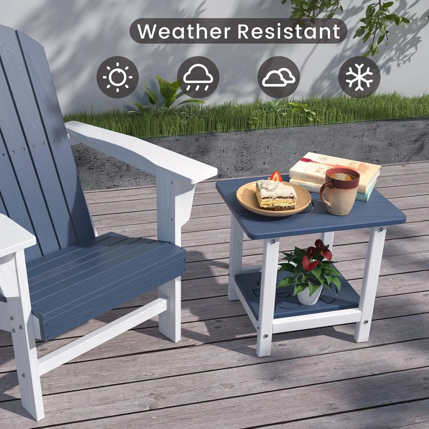 16.6'' 2-Tier HDPE Outdoor Side Table, All-Weather Small Outdoor Table for Adirondack, Patio, Porch, Balcony, Poolside (Navy&White)