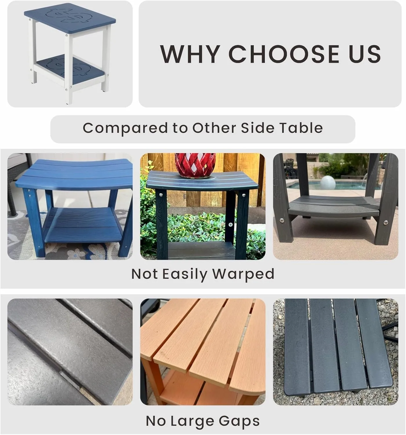 16.6'' 2-Tier HDPE Outdoor Side Table, All-Weather Small Outdoor Table for Adirondack, Patio, Porch, Balcony, Poolside (Navy&White)