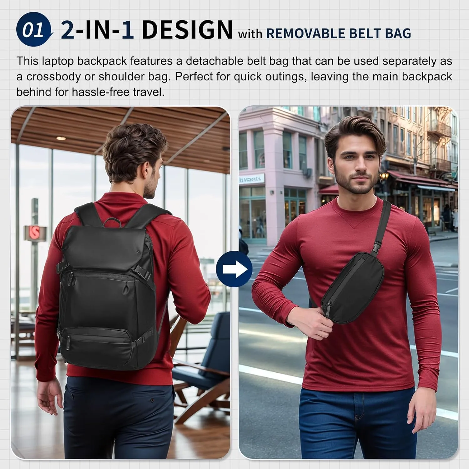 2 in 1 Travel Backpack, Lightweight Fit in 15" Laptop Backpack with Removable Belt Bag, Waterproof Day Trip Bag, Black