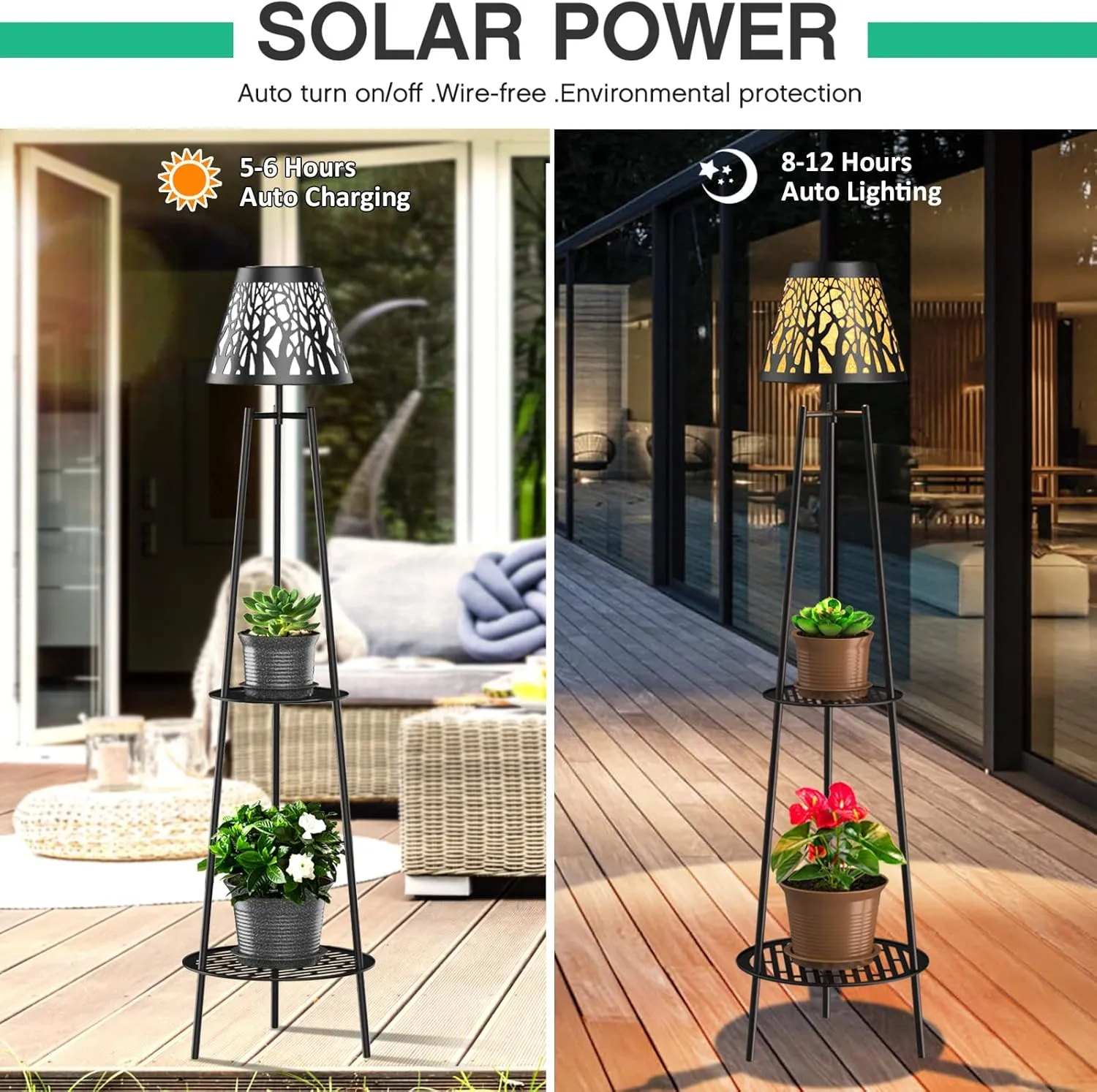 2 Pack 45.5'' Outdoor Floor Lamps with 2 Tier Plant Stand, Solar Powered Metal Waterproof Lights for Patio Deck Yard Garden Porch Decor