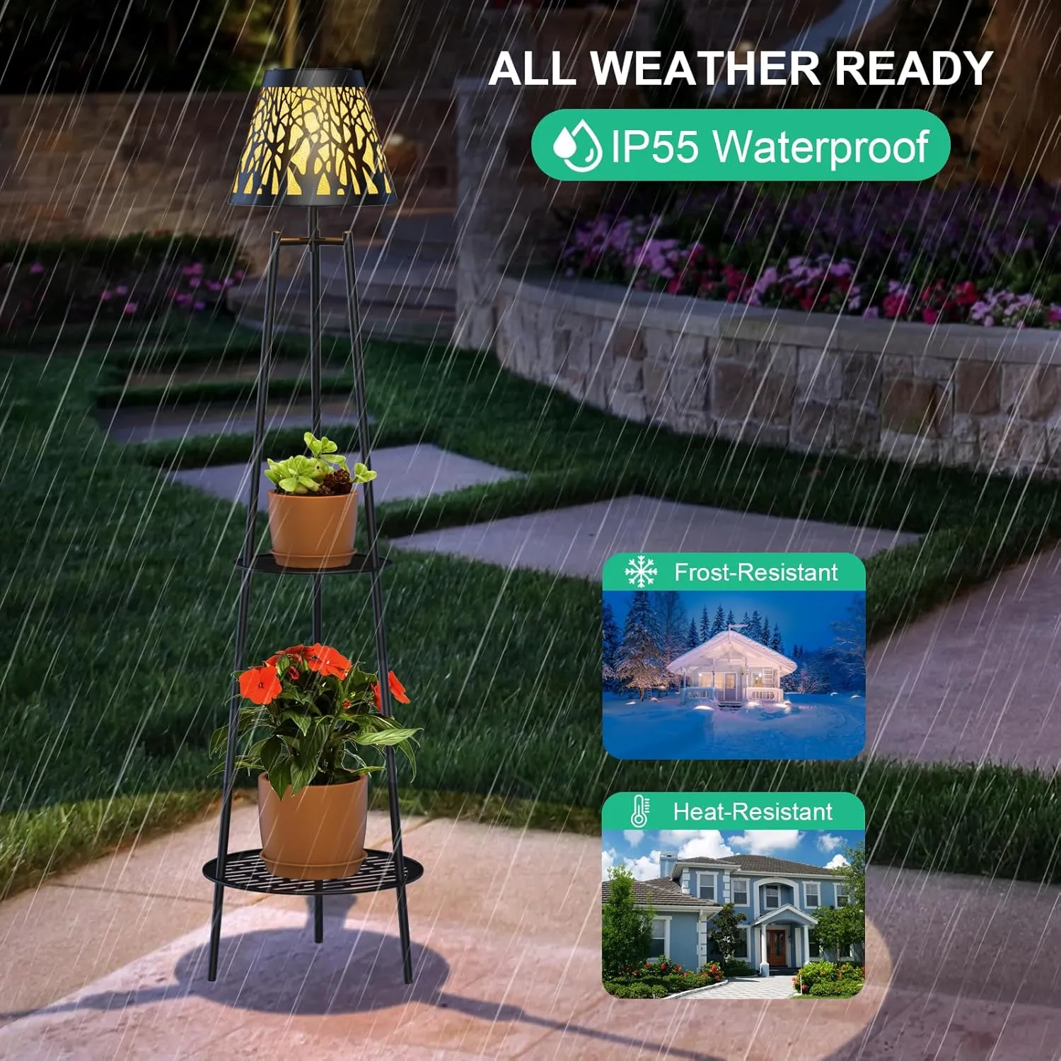 2 Pack 45.5'' Outdoor Floor Lamps with 2 Tier Plant Stand, Solar Powered Metal Waterproof Lights for Patio Deck Yard Garden Porch Decor