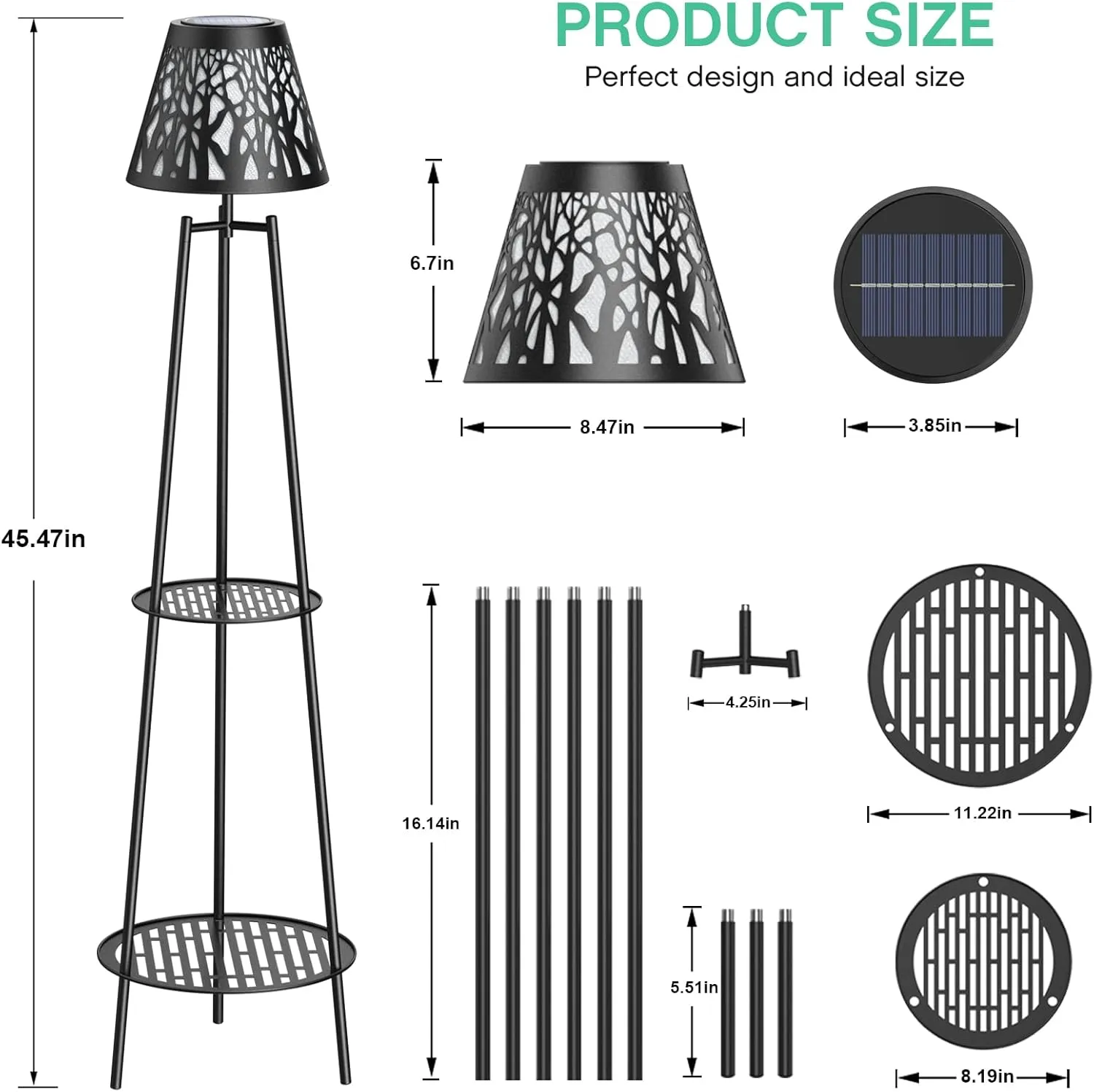 2 Pack 45.5'' Outdoor Floor Lamps with 2 Tier Plant Stand, Solar Powered Metal Waterproof Lights for Patio Deck Yard Garden Porch Decor