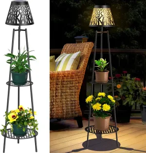 2 Pack 45.5'' Outdoor Floor Lamps with 2 Tier Plant Stand, Solar Powered Metal Waterproof Lights for Patio Deck Yard Garden Porch Decor