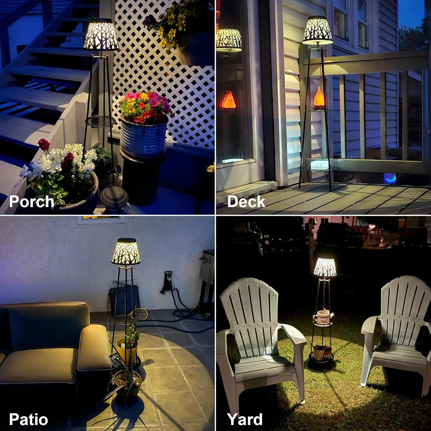 2 Pack 45.5'' Outdoor Floor Lamps with 2 Tier Plant Stand, Solar Powered Metal Waterproof Lights for Patio Deck Yard Garden Porch Decor