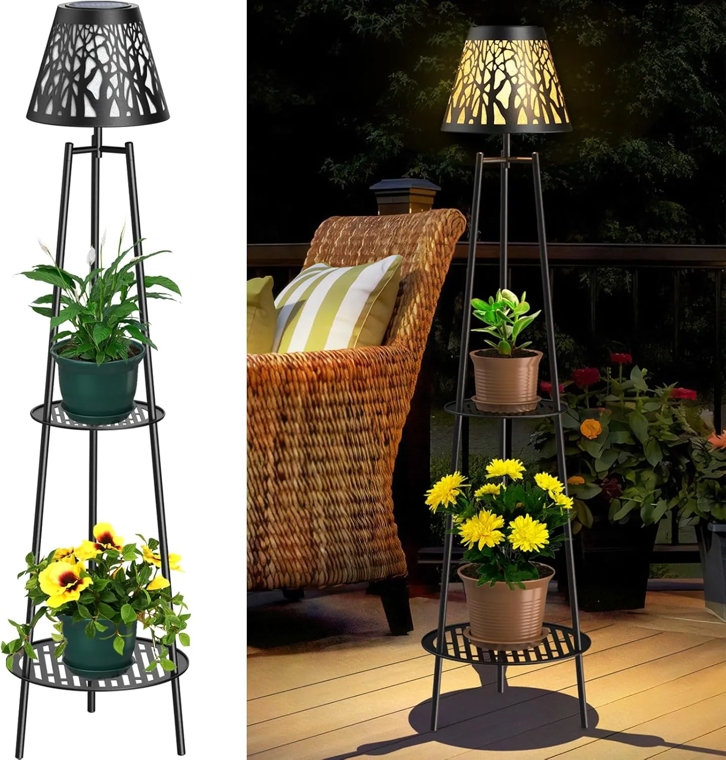 2 Pack 45.5'' Outdoor Floor Lamps with 2 Tier Plant Stand, Solar Powered Metal Waterproof Lights for Patio Deck Yard Garden Porch Decor