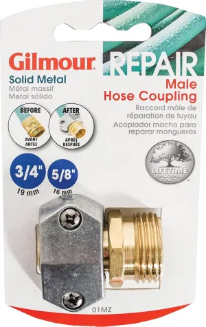 2 Pack - Gilmour Heavy Duty Brass and Metal Male Hose Repair Clamp Coupling - Barbed Mender for Garden Hoses - 01MZ