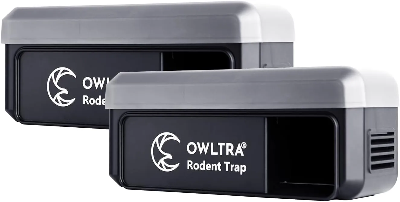 2 Pack OW-7 in-/Outdoor Electric Rodent Trap, Instant Eliminate Mouse & Rat Zapper with Waterproof Cover, Sound & Light Alarm, and Batteries or USB Power Source, Waterproof Grade IPX4, Black