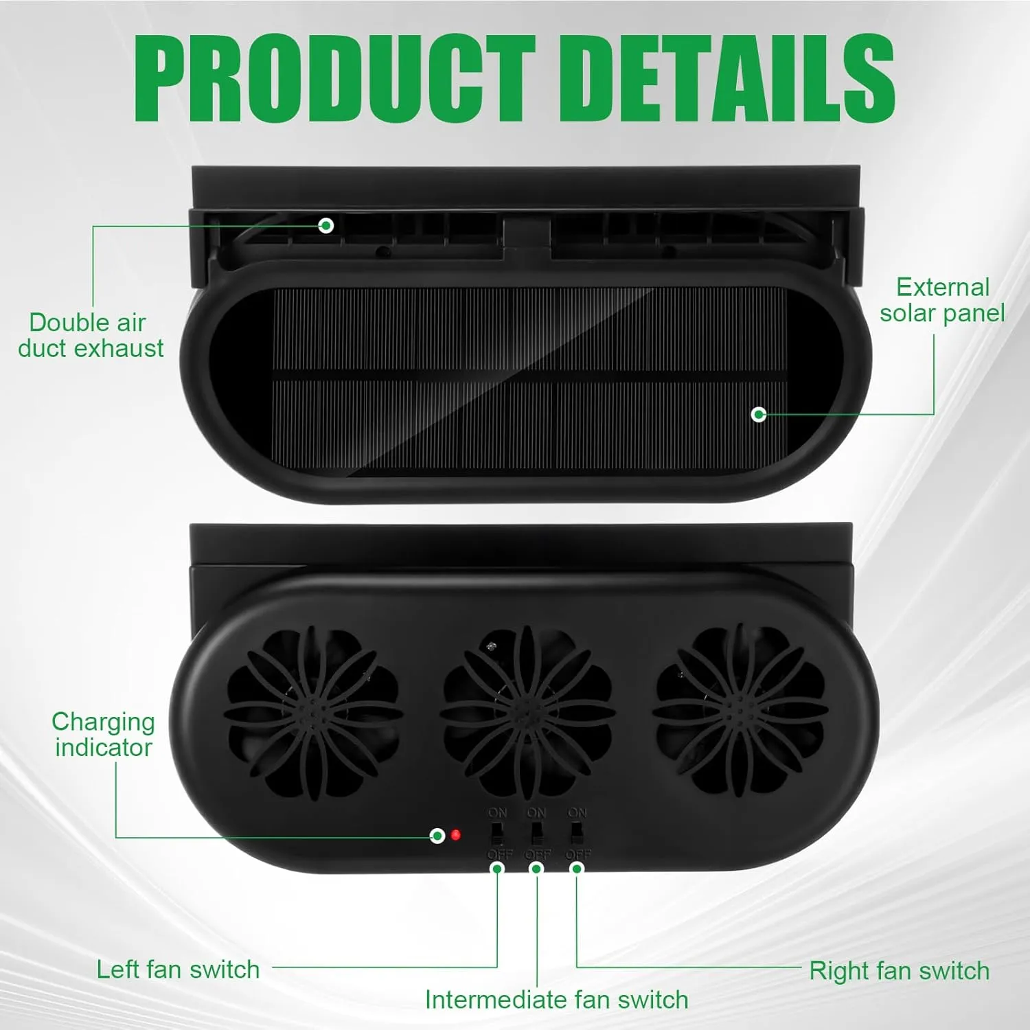 2 Pack Solar Powered Car Exhaust Fan 3 Fans Car Window Air Vent Radiator Solar Energy Cooling Vent Exhaust for General Types(Solar & USB Cable 3 Fans,Black)