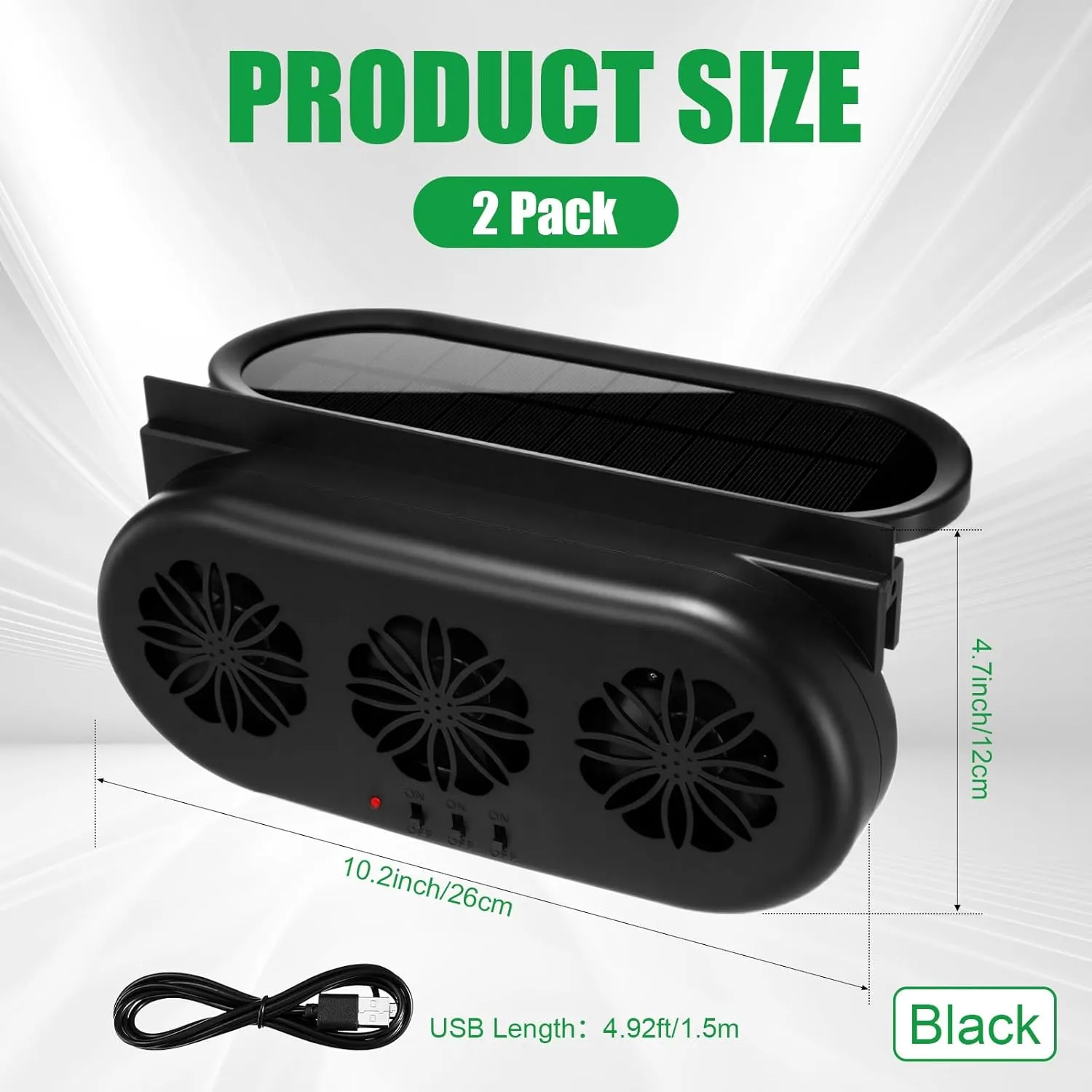 2 Pack Solar Powered Car Exhaust Fan 3 Fans Car Window Air Vent Radiator Solar Energy Cooling Vent Exhaust for General Types(Solar & USB Cable 3 Fans,Black)