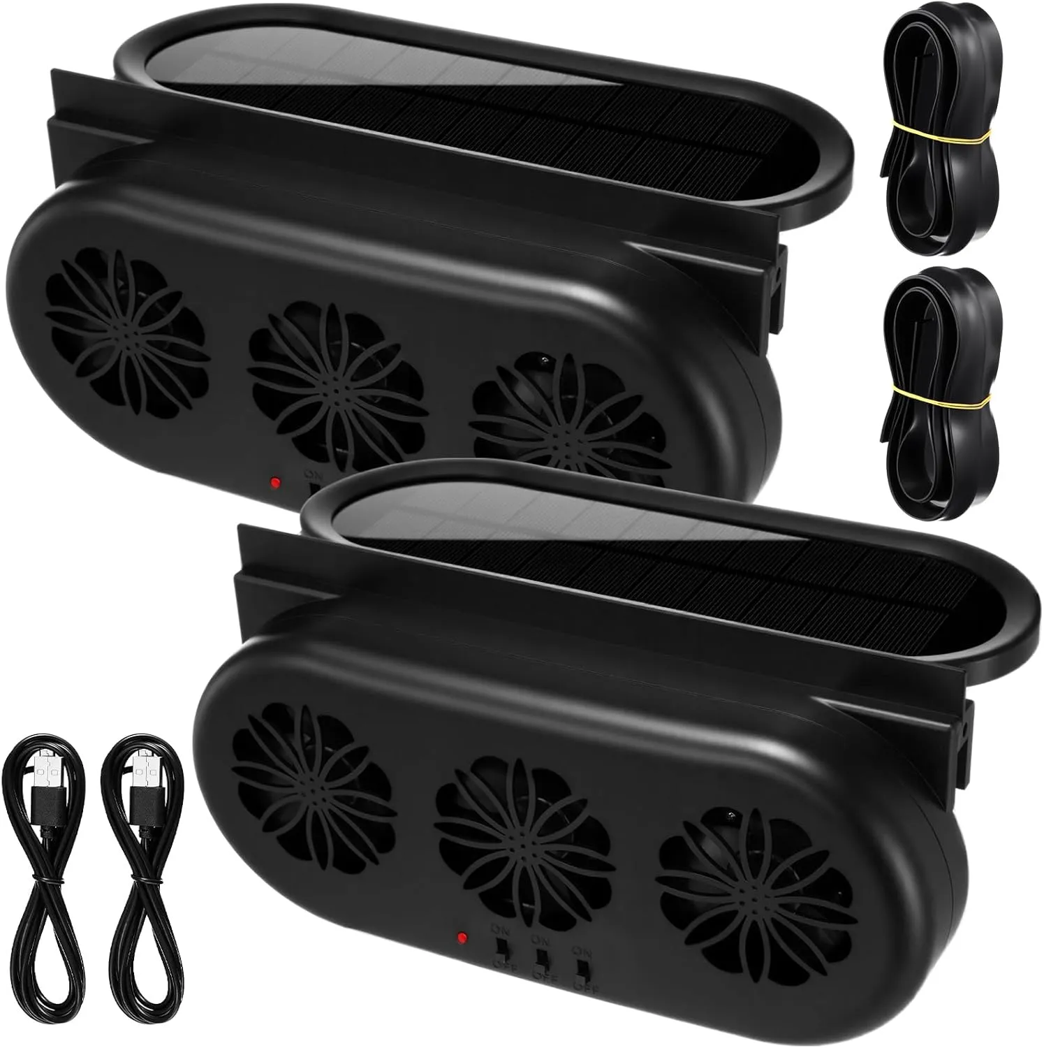 2 Pack Solar Powered Car Exhaust Fan 3 Fans Car Window Air Vent Radiator Solar Energy Cooling Vent Exhaust for General Types(Solar & USB Cable 3 Fans,Black)