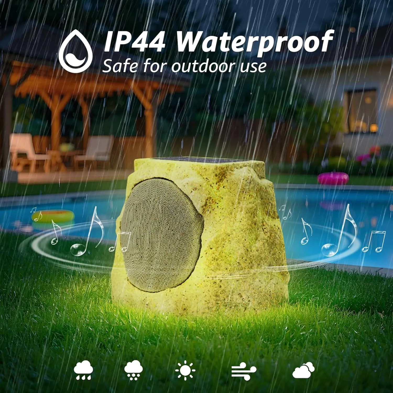2-Pack Solar Powered Rock Speakers Outdoor Water-Resistant IP44 with Lights 7 Colors, TWS Pair Function for Patio Outside Deck Pool Garden BBQ