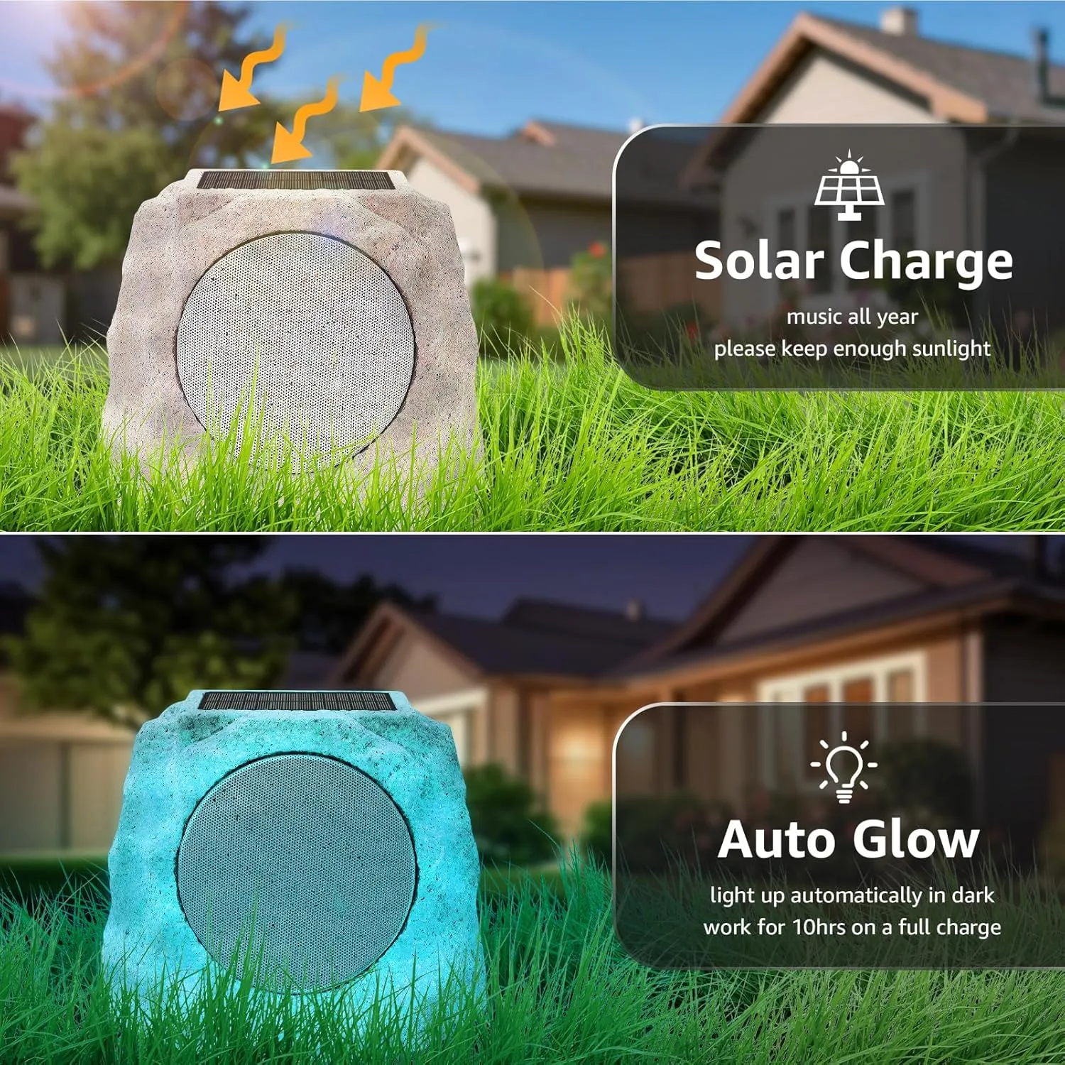 2-Pack Solar Powered Rock Speakers Outdoor Water-Resistant IP44 with Lights 7 Colors, TWS Pair Function for Patio Outside Deck Pool Garden BBQ