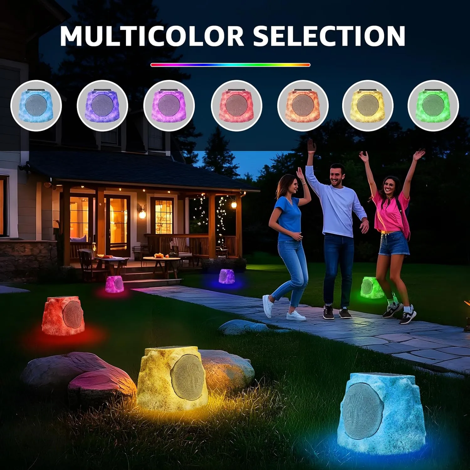 2-Pack Solar Powered Rock Speakers Outdoor Water-Resistant IP44 with Lights 7 Colors, TWS Pair Function for Patio Outside Deck Pool Garden BBQ