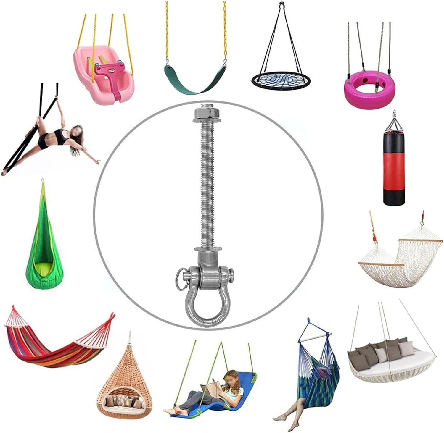2 Permanent Anti-Rust Heavy-Duty Bearing Swing Hanger Mute (10mm) 180° Swing, 1500 lb, sandbag Yoga Swing Hammock Chair